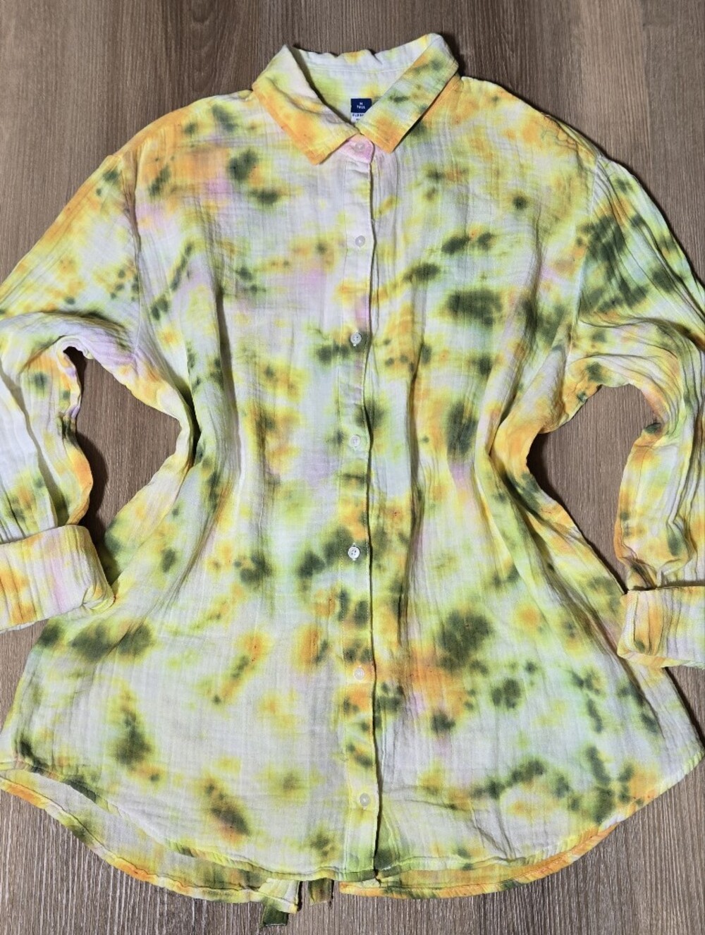 Old Navy Pastel Tie-Dye Button Shirt in Yellow, Green, Orange & Pink